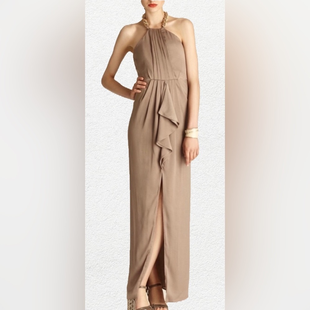 BCBG MaxAzria Taupe Floor-Length Gown with Gold Chain Halter Size 2 (worn once)